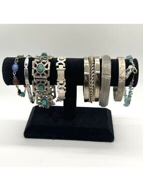 Vintage and Modern Bracelets Lot 8 Boho Silver-tone Faux Turquoise Bangles Scarb